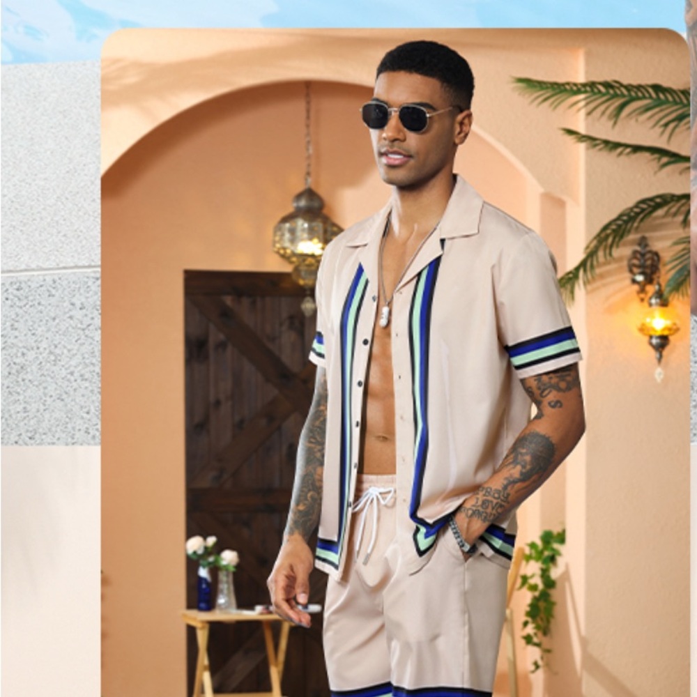 NFINITY Men's Tan Shorts with Blue and Black Stripes